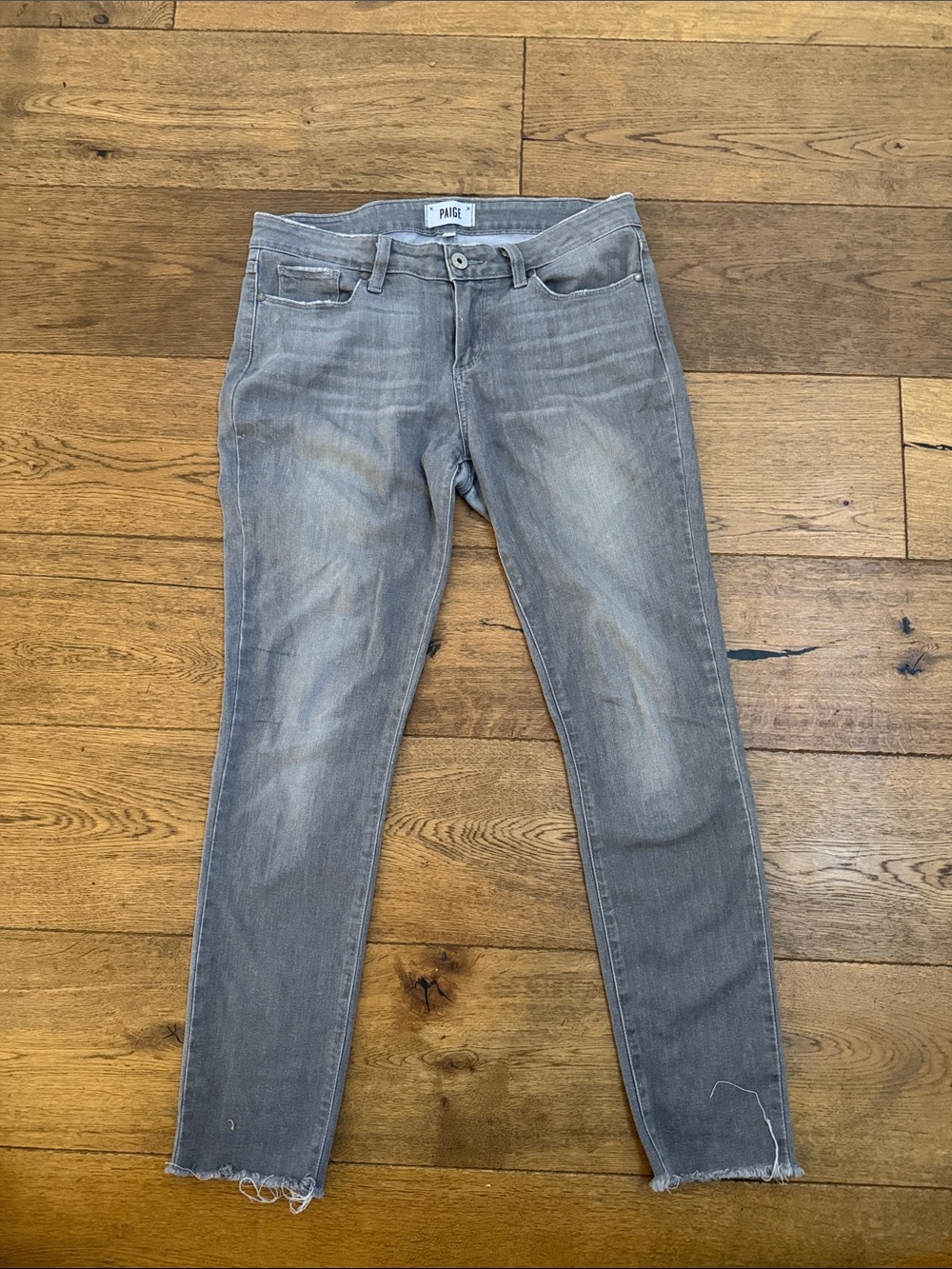 PAIGE Light Gray Skinny Jeans with Frayed Hem